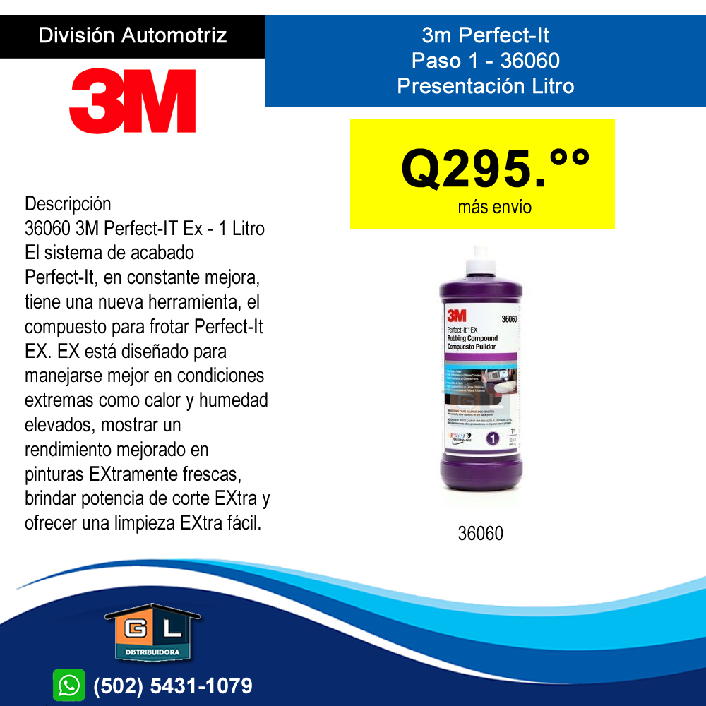 3m Perfect-It Paso 1 - 36060 Presentación Litro - GL Distribuidora  Guatemala - Insumos para La industria, Salud, Seguridad, Tecnologia y  Herramienta - 3m, Honeywell, Yato Tools, Kimberly Clark, Tyvek, Medline,  Bd, Covidien