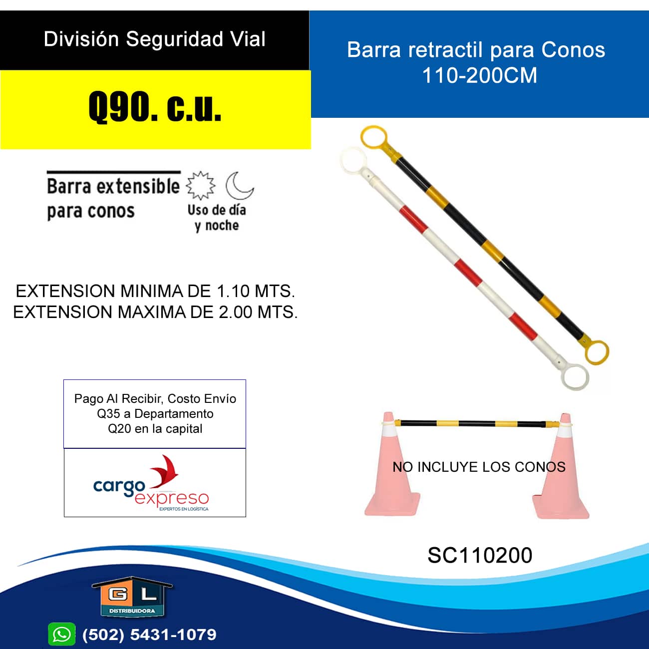 Barra extensible de 1.3 a 2.1 m reflejante para conos, Señalamientos De  Seguridad, 101019